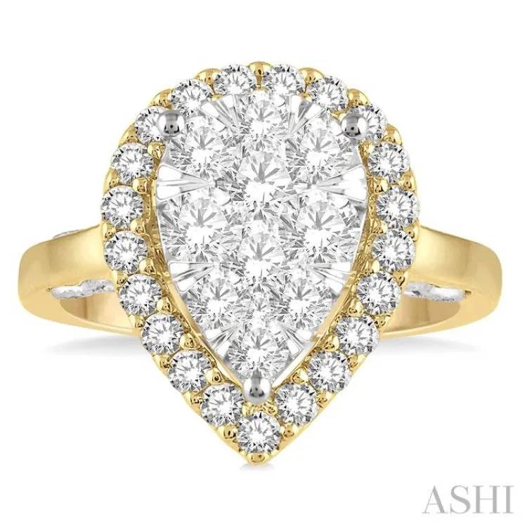 1 1/2 Ctw Pear Shape Lovebright Round Diamond Cluster Ring in 14K Yellow and White Gold