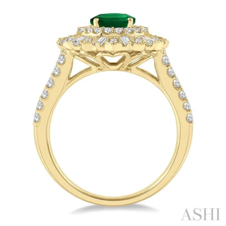 1 Ctw Lattice Oval Shape 8x6MM Emerald, Baguette and Round Cut Diamond Precious Ring in 14K Yellow Gold