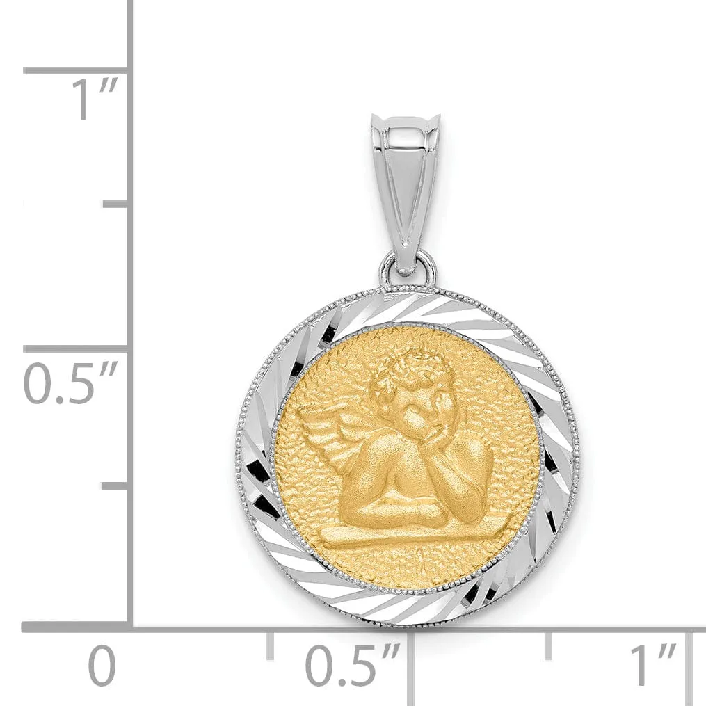 14K Two Tone Gold Polished D.C Finish Bezel Angel Pendant