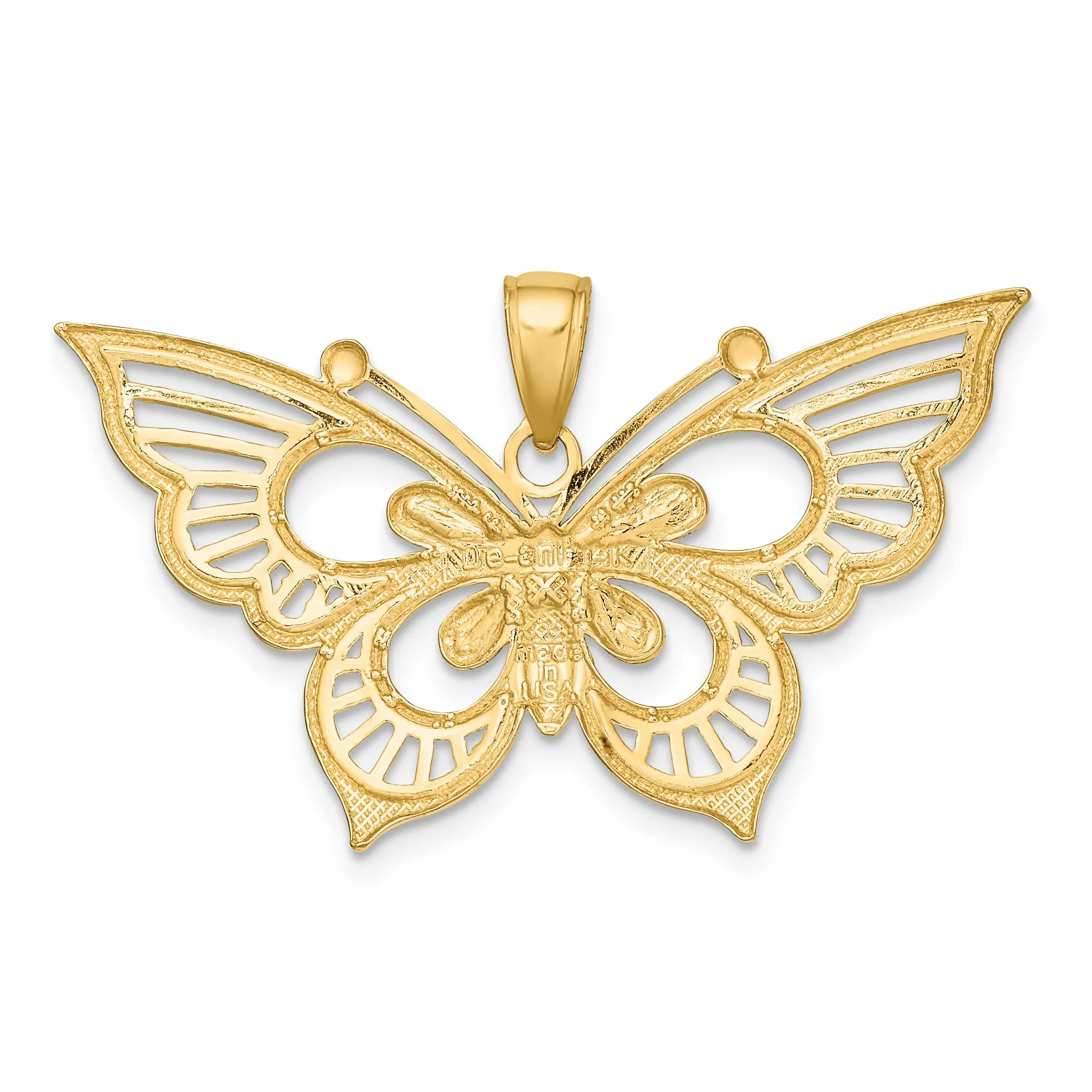 14k Two-tone Gold Textured Back Solid Polished Diamond-cut Butterfly Charm Pendant