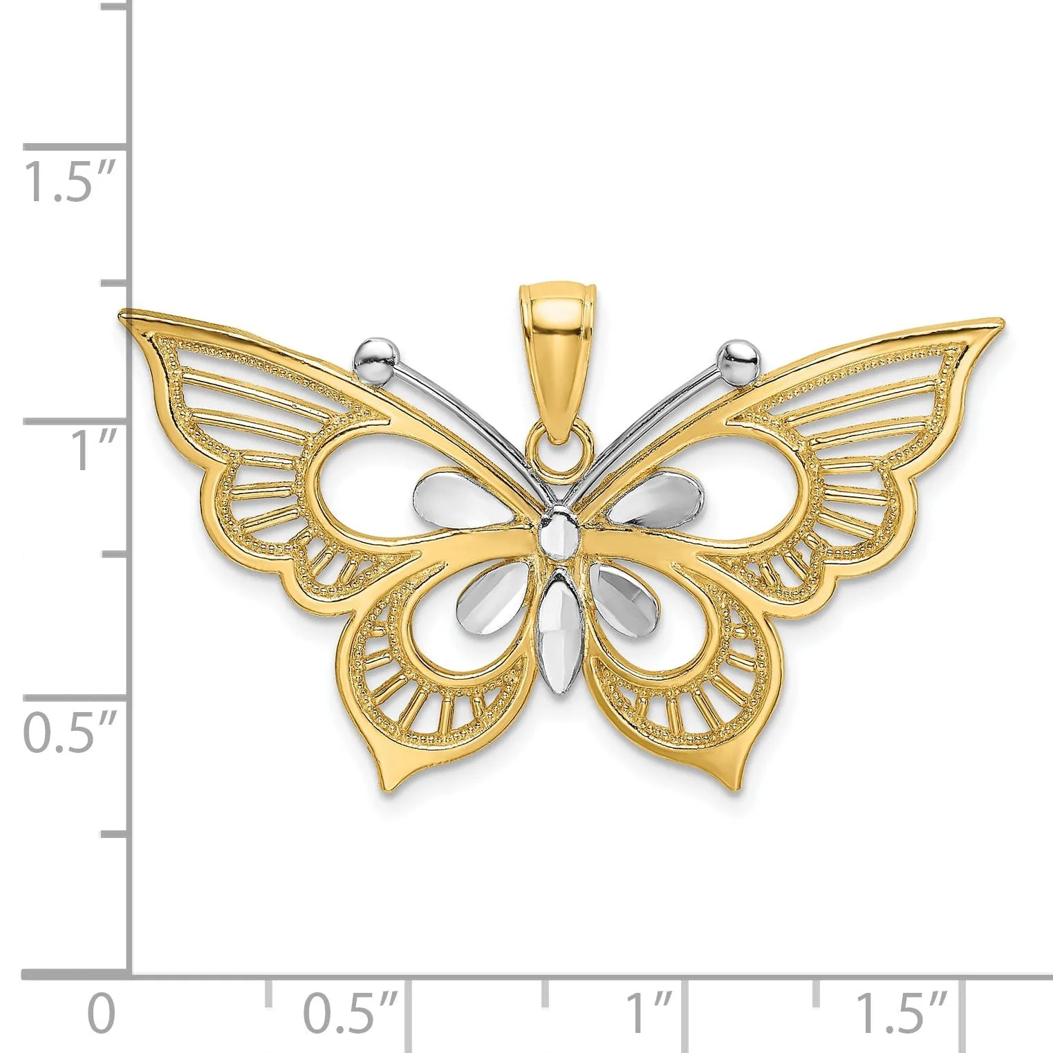 14k Two-tone Gold Textured Back Solid Polished Diamond-cut Butterfly Charm Pendant