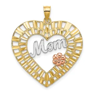 14k Two Tone Gold, White Rhodium Diamond Cut Polished Finish MOM Heart Filigree Design Charm Pendant