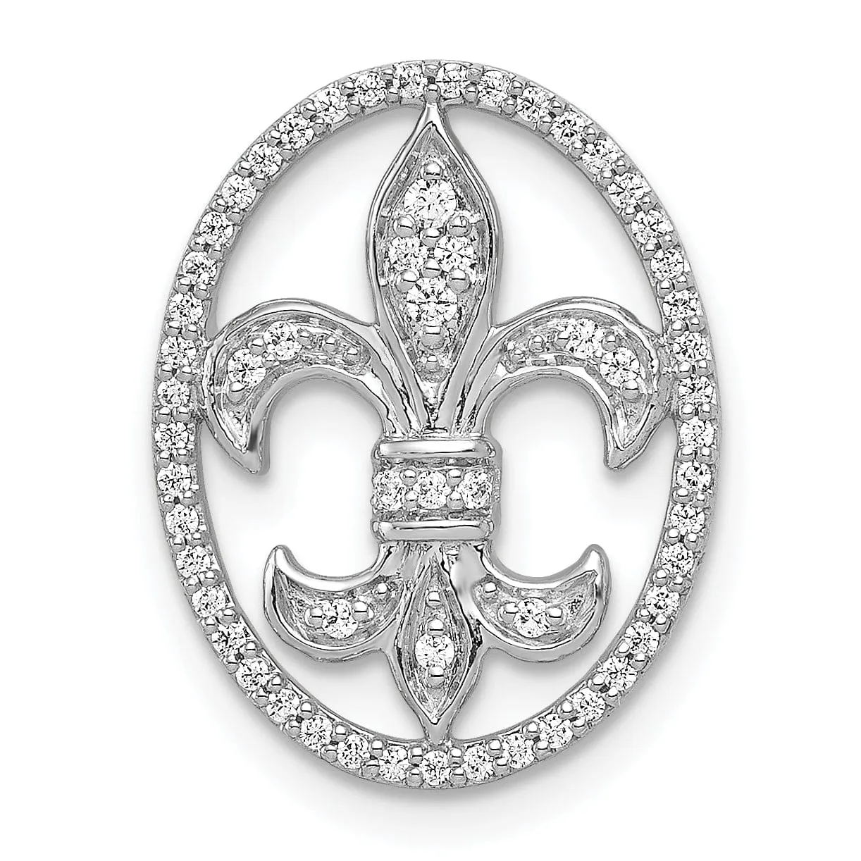 14k White Gold Open Back Polished Finish 0.196CT. Diamond Fleur De Lis Oval Shape Design Chain Slide will not fit Omega Chain