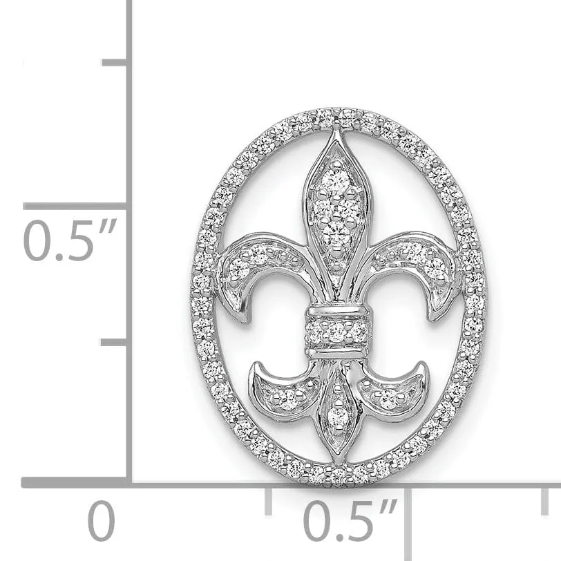 14k White Gold Open Back Polished Finish 0.196CT. Diamond Fleur De Lis Oval Shape Design Chain Slide will not fit Omega Chain