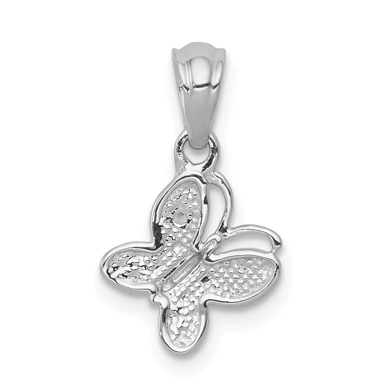 14k White Gold Solid Textured Back Polished Finish .01ct. Diamond Butterfly Charm Pendant