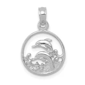 14k White Gold Textured Polished Finish Solid Double Dolphin Swimming Circle Design Charm Pendant