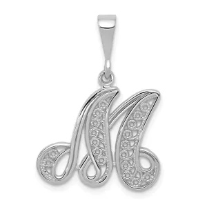 14K White GoldFancy Filigree Script Design Letter M Initial Pendant