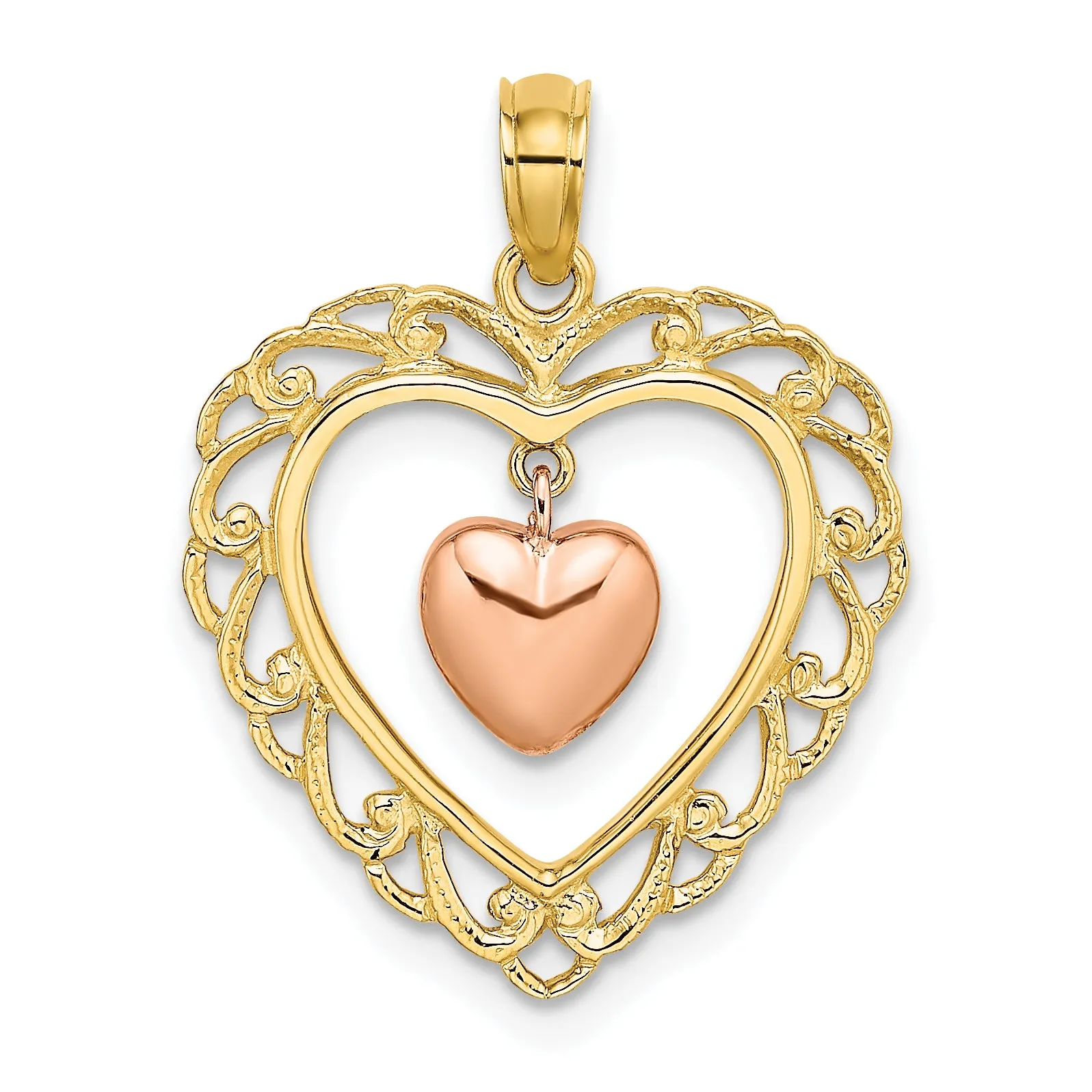 14k Yellow and Rose Gold Polished Dangling Heart In Heart Pendant