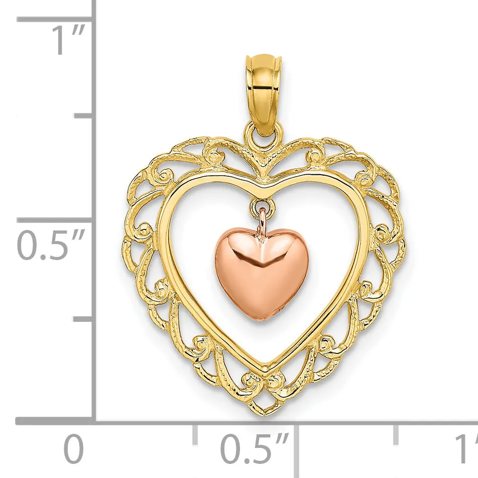 14k Yellow and Rose Gold Polished Dangling Heart In Heart Pendant