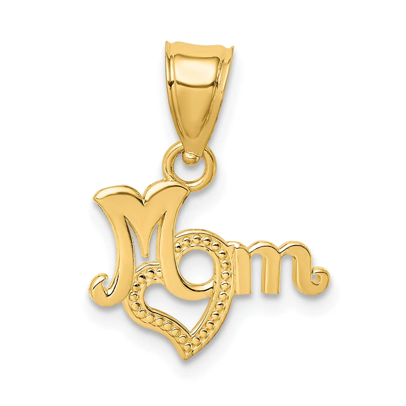 14K Yellow Gold Beaded Textured Polished Finish MOM Script with Heart Design Charm Pendant