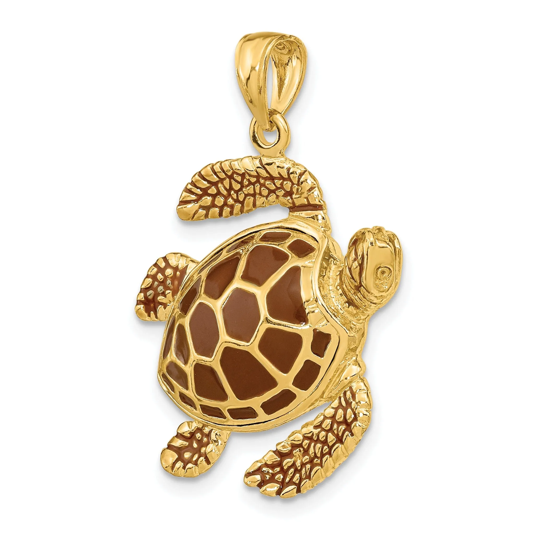 14k Yellow Gold Casted Solid Polished Finish 3D Brown Enamel Large Sea Turtle Charm Pendant