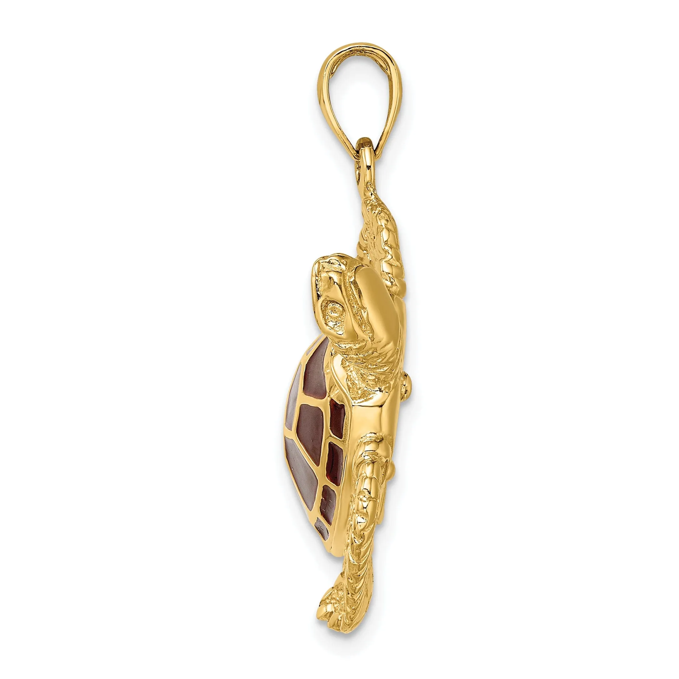 14k Yellow Gold Casted Solid Polished Finish 3D Brown Enamel Large Sea Turtle Charm Pendant