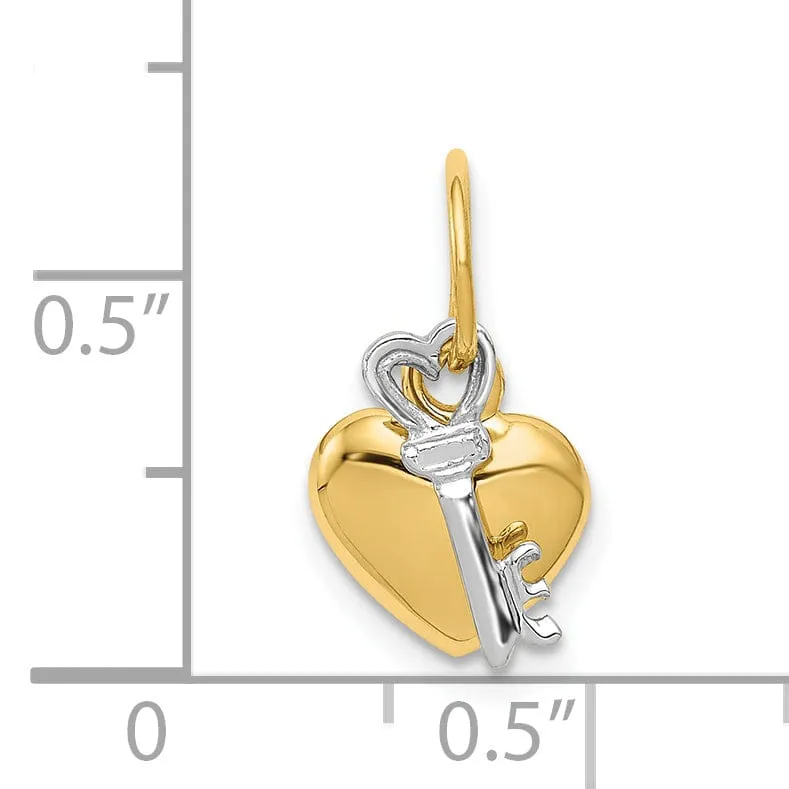 14K Yellow Gold Moveable Key and Heart Lock Charm Pendant