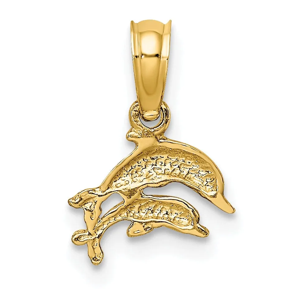 14K Yellow Gold Polished Finish 2-Dimensional Mini Double Dolphins Swimming Charm Pendant