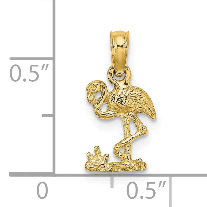 14K Yellow Gold Polished Texture Finish Small Size Flamingo Standing Charm Pendant