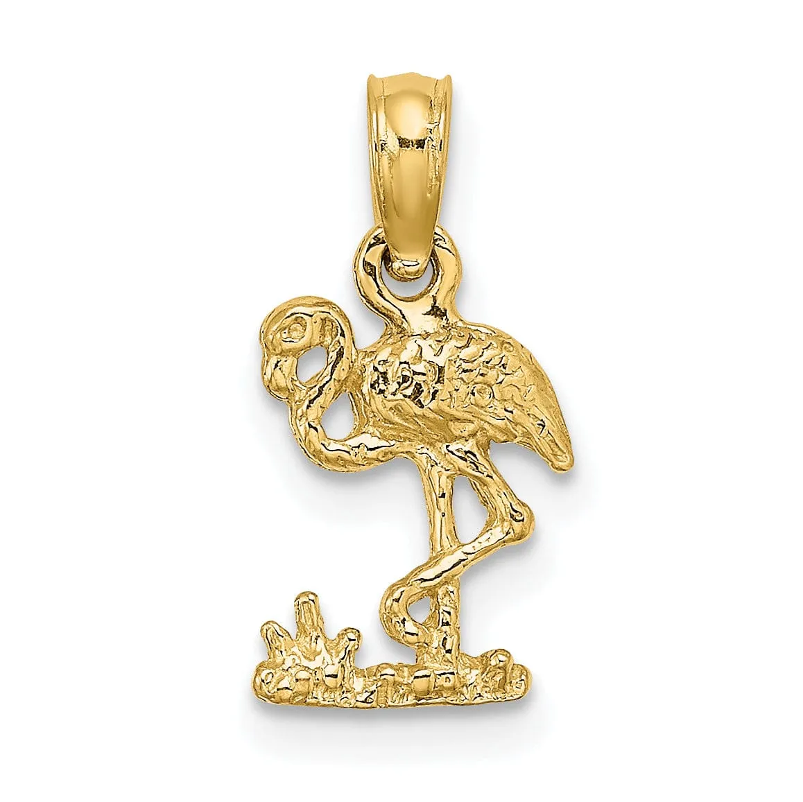 14K Yellow Gold Polished Texture Finish Small Size Flamingo Standing Charm Pendant