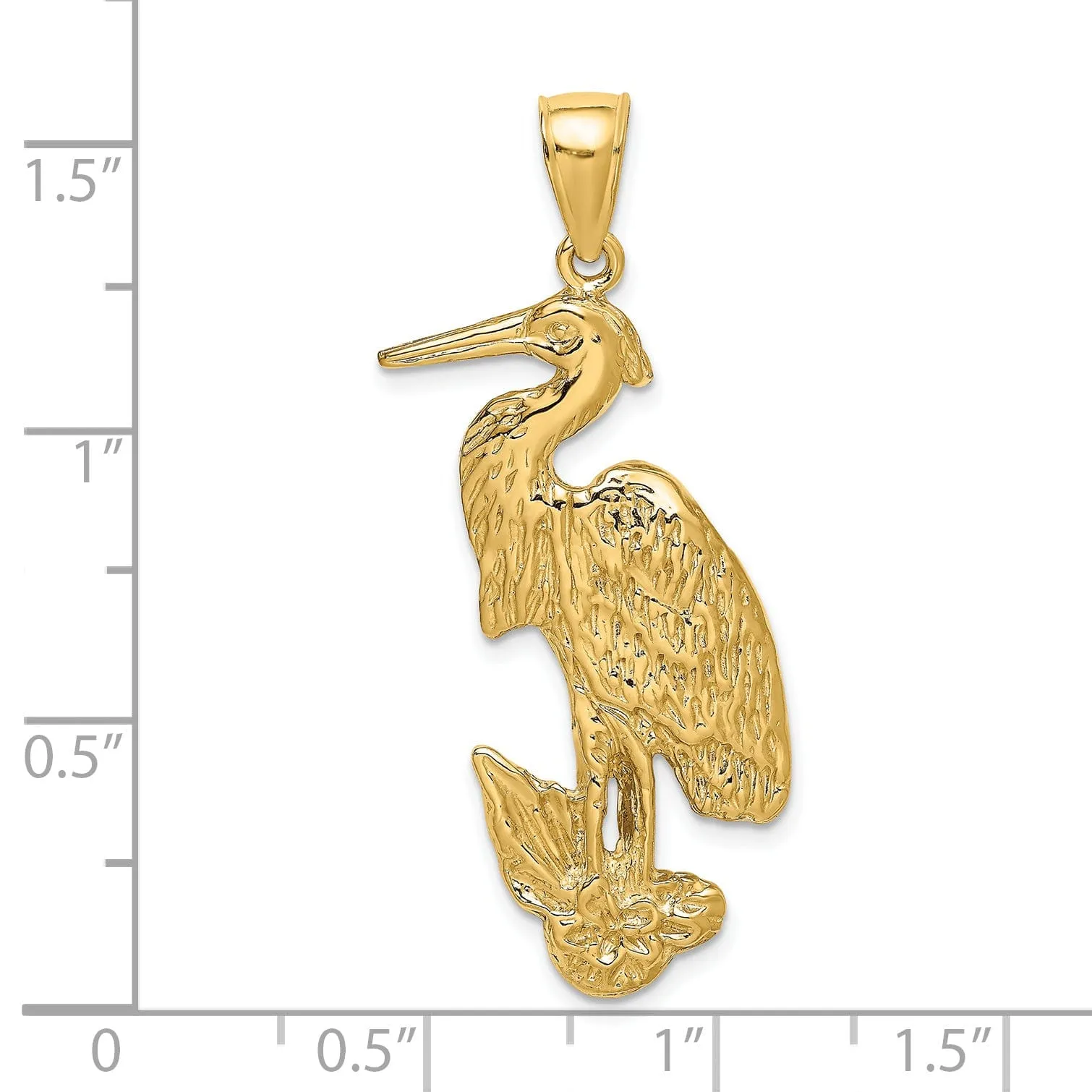 14K Yellow Gold Polished Textured Finish Standing Egret Bird Charm Pendant