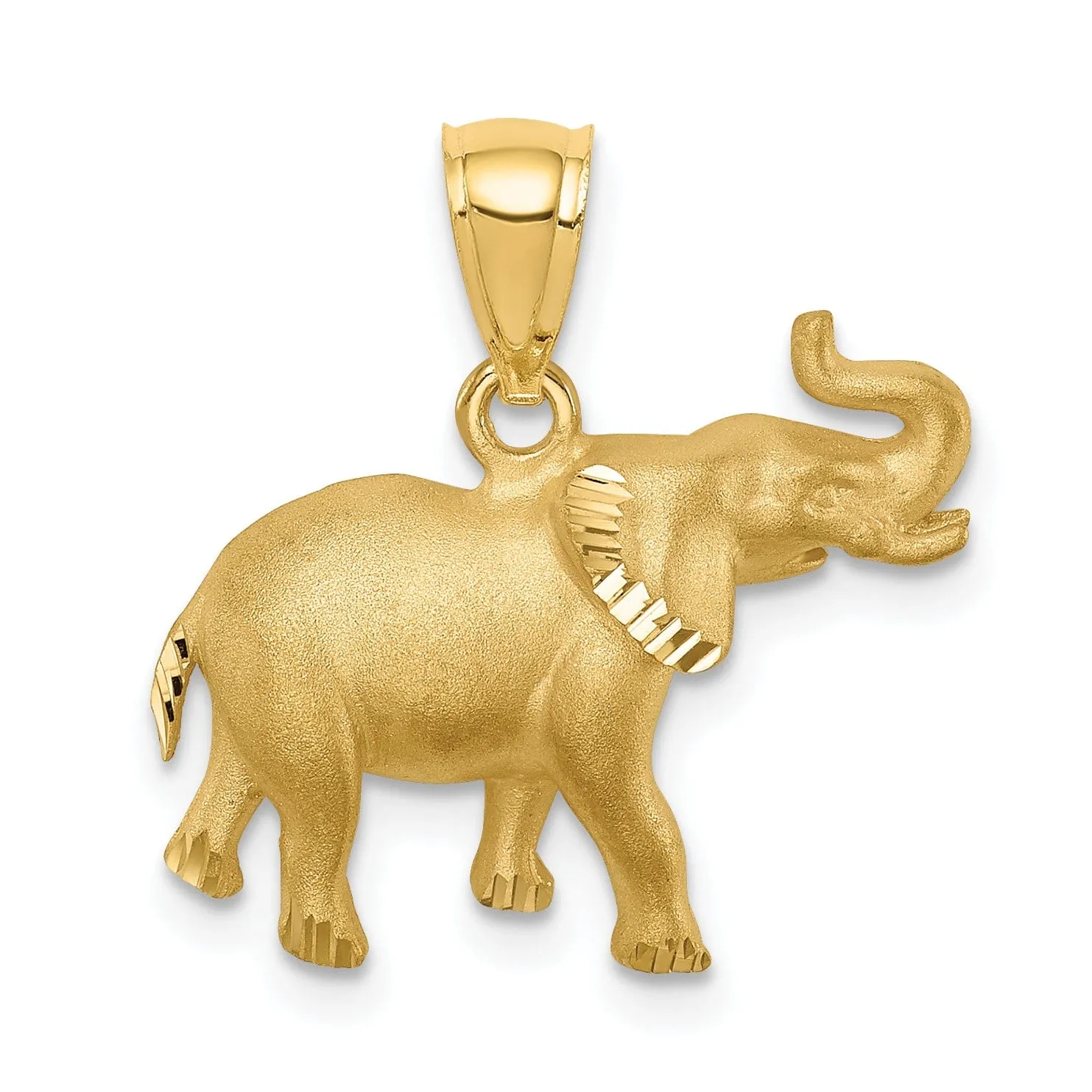 14k Yellow Gold Solid Brushed Diamond Cut Finish Elephant Charm Pendant