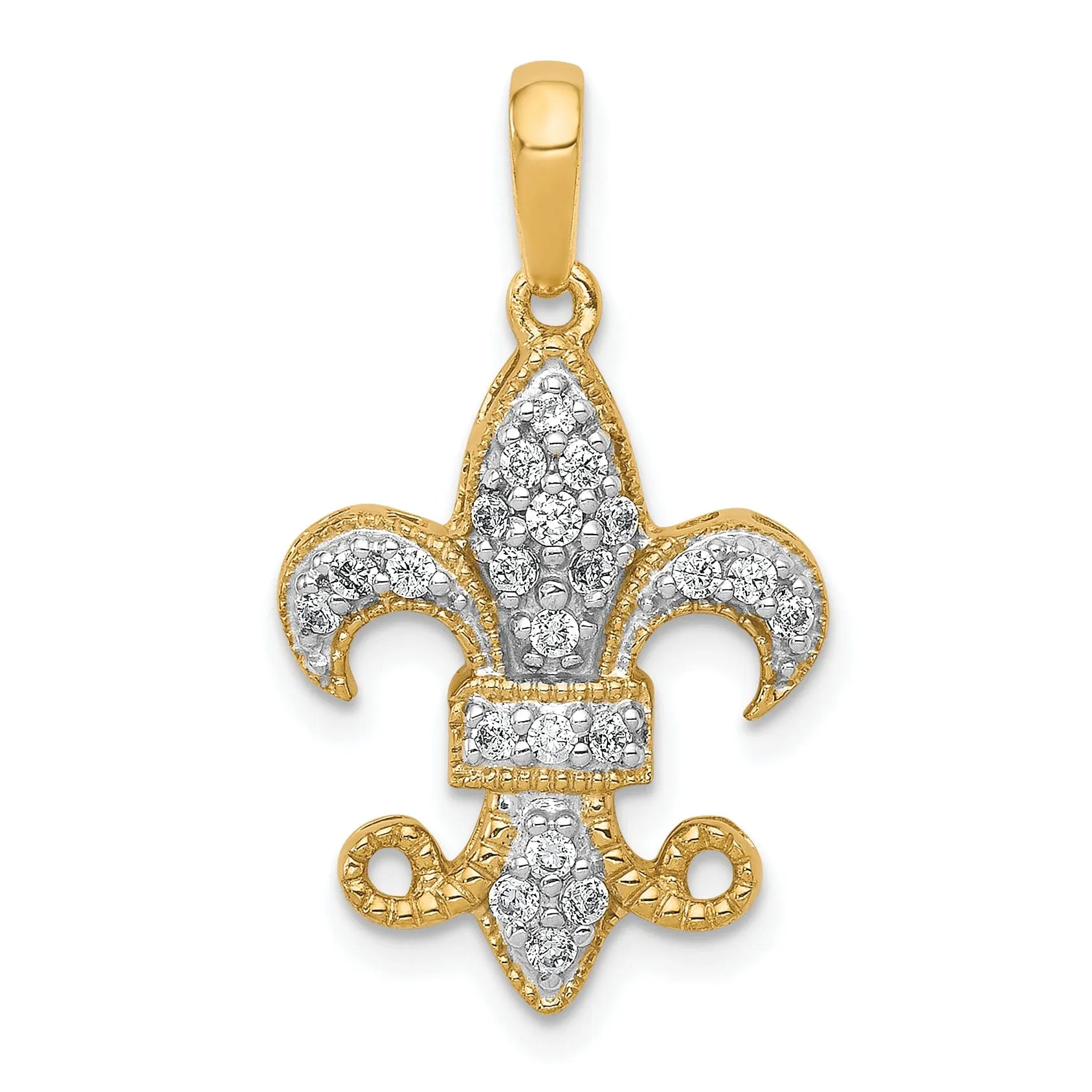 14k Yellow Gold White Rhodium Open Back Polished Finish 0.215CT. Diamond Fleur De Lis Design Charm Pendant