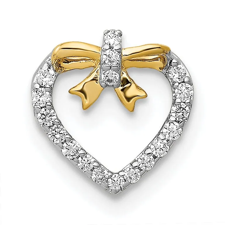 14k Yellow Gold, White Rhodium Polished Finish Open Back 1/10 CT Diamond Heart with Bow Design Chain Slide Pendant will not fit Omega chain