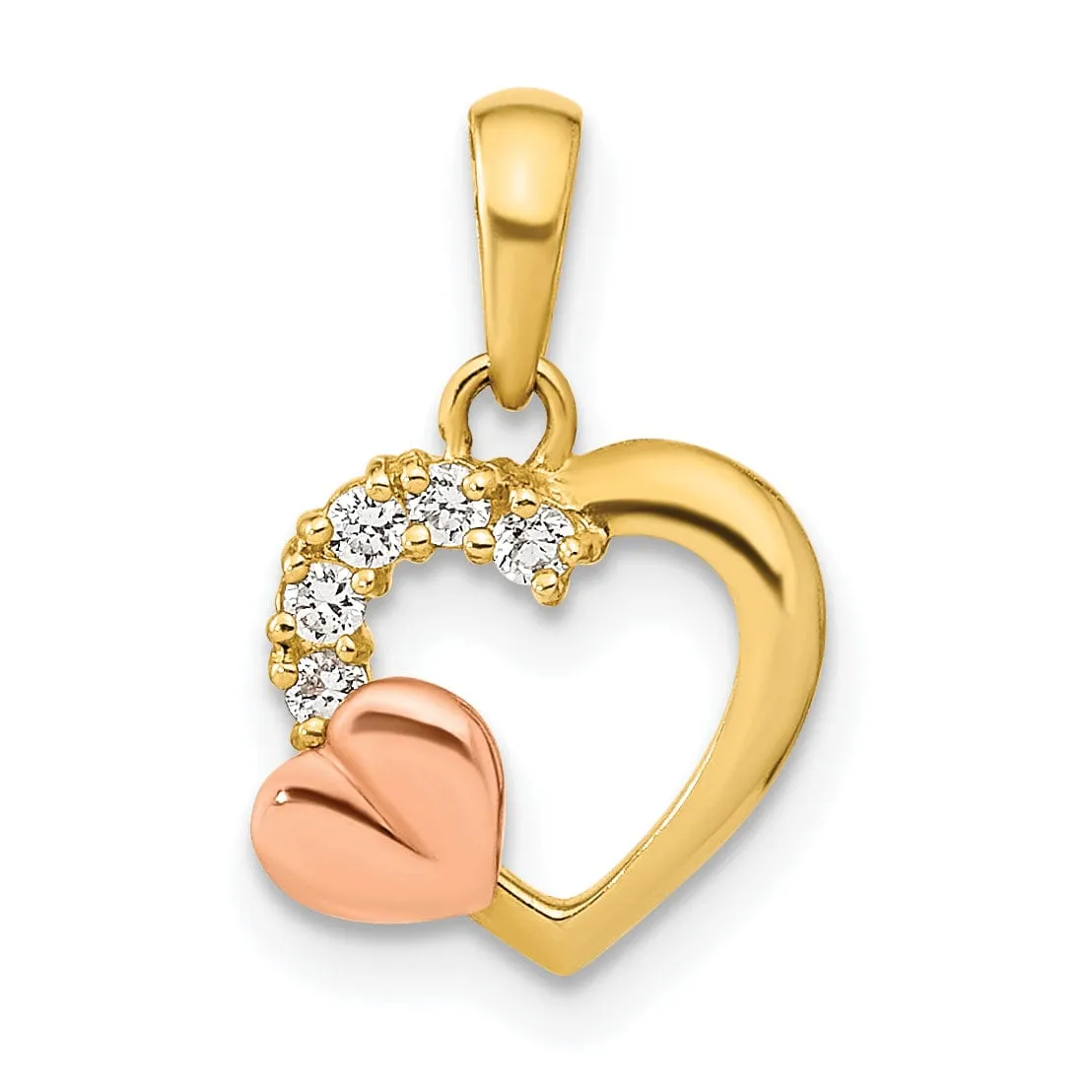 14K Yellow, Rose Gold Polished Finish Open Back Women's with Cubic Zirconia Stones Heart on Heart Design Charm Pendant