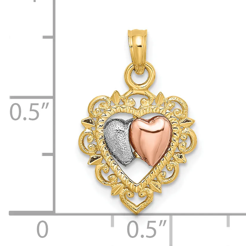 14k Yellow Rose Gold Rhodium Textured Hearts Pendant