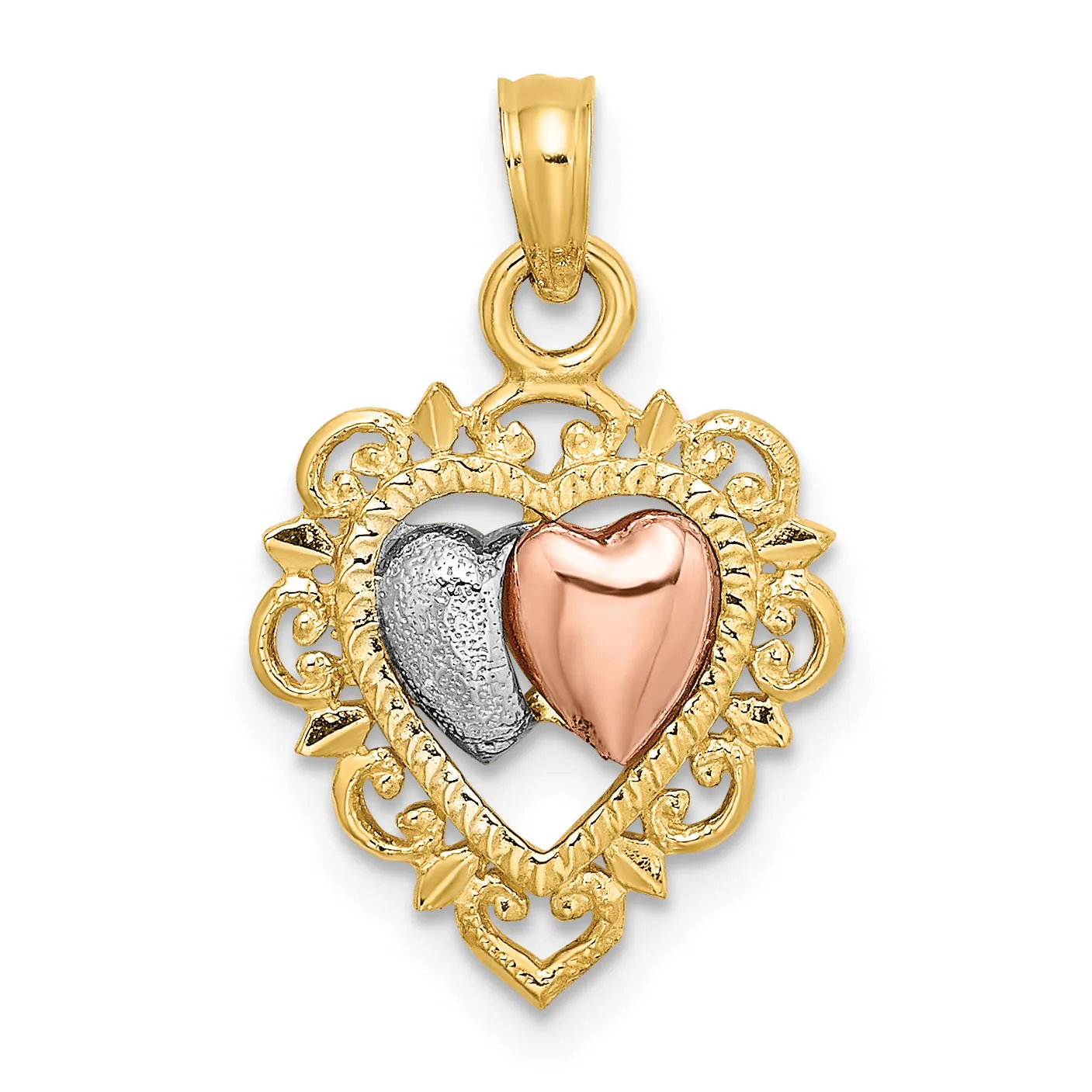 14k Yellow Rose Gold Rhodium Textured Hearts Pendant