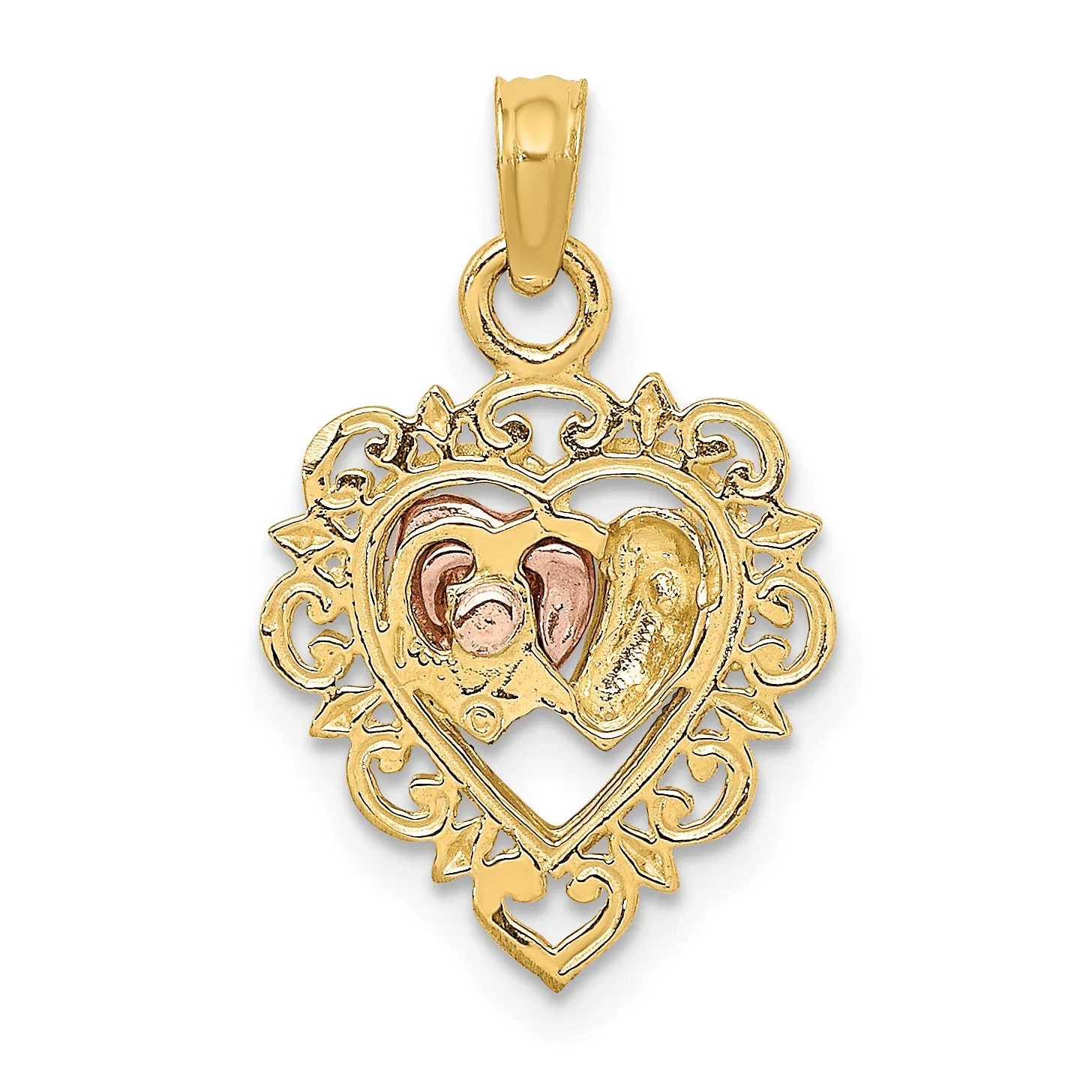 14k Yellow Rose Gold Rhodium Textured Hearts Pendant