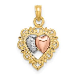 14k Yellow Rose Gold Rhodium Textured Hearts Pendant