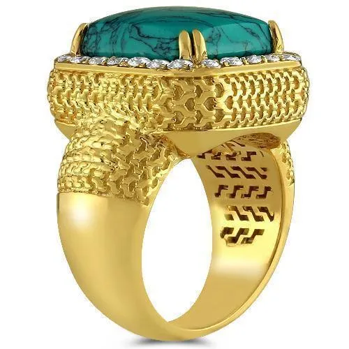 14K Yellow Solid Gold Diamond Mens Turquoise Ring 1.5 Ctw