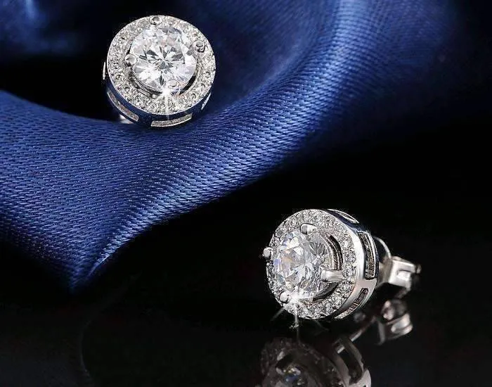 18K Gold Plated Enchanted Halo 3.32 Tcw Round Cut Simulated Diamond CZ Stud Earrings For Woman