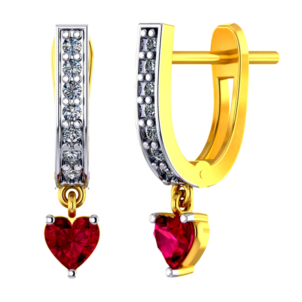 18k U-shaped Diamond Earrings With A Red Heart Stone Hanging