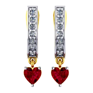 18k U-shaped Diamond Earrings With A Red Heart Stone Hanging