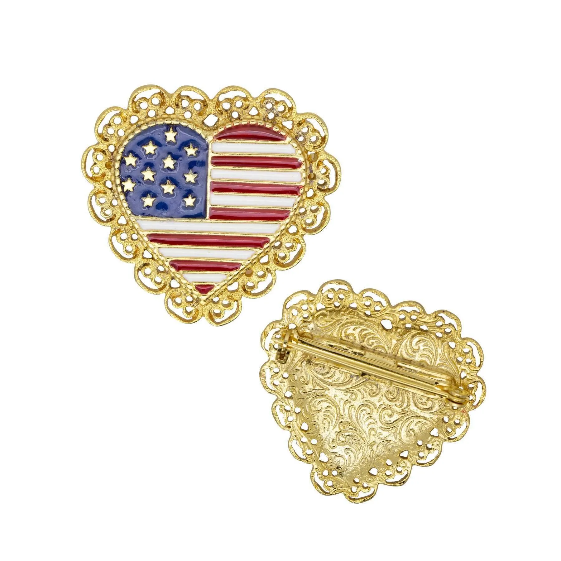 1928 Jewelry Patriotic American Flag Heart Filigree Pin