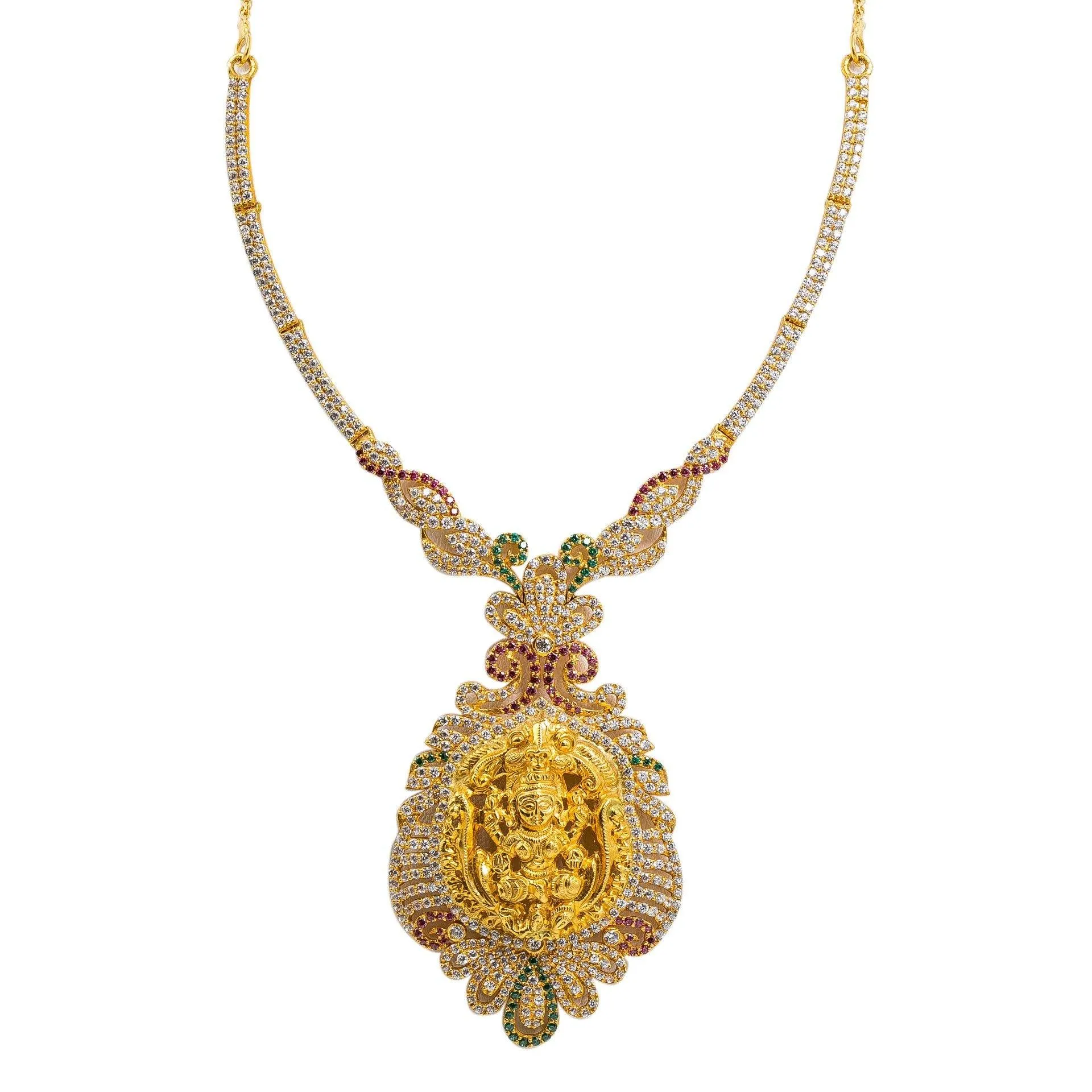 22K Yellow Gold CZ Necklace & Earrings Set W/ Rubies, Emeralds, CZ Gems & Fully Encrusted Laxmi Pendants