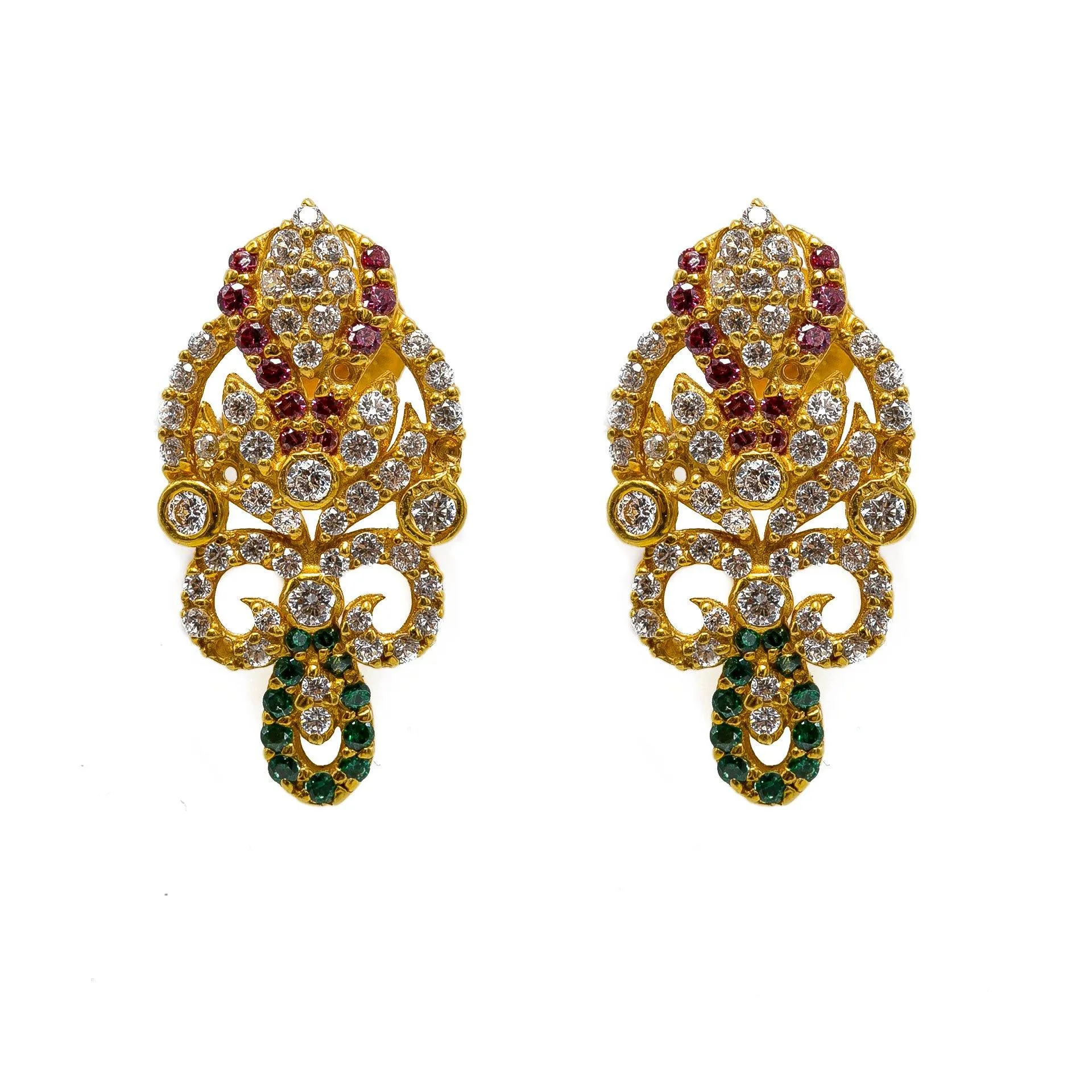 22K Yellow Gold CZ Necklace & Earrings Set W/ Rubies, Emeralds, CZ Gems & Fully Encrusted Laxmi Pendants