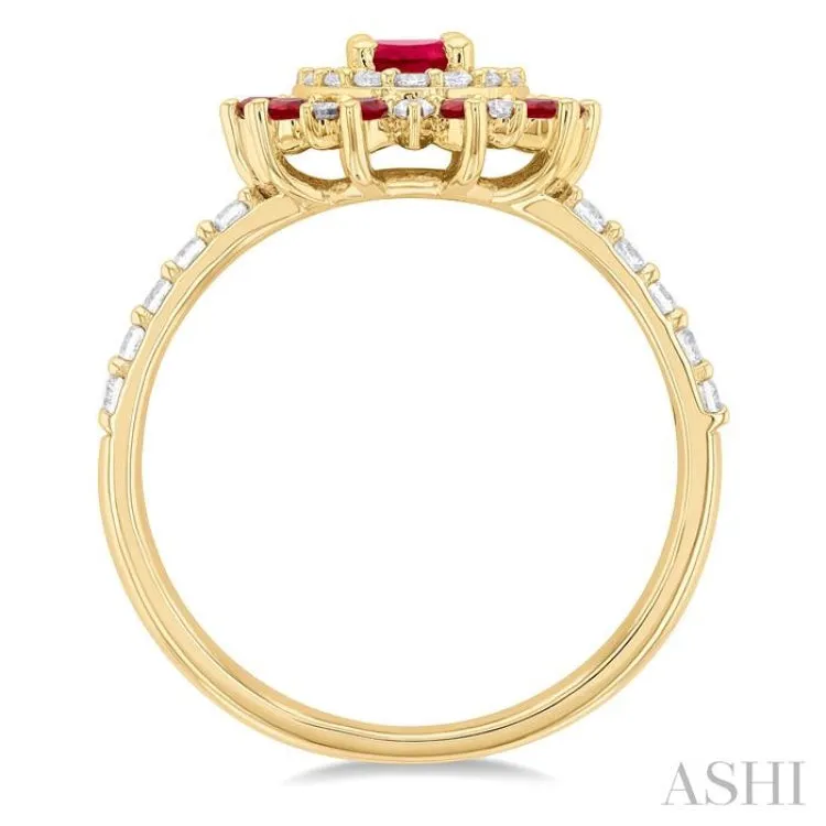 3/8 ctw Floral 6X4MM Oval & 1.5MM Round Cut Ruby and Round Cut Diamond Precious Ring in 14K Yellow Gold