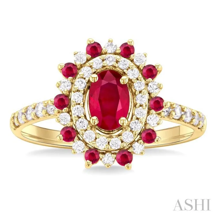 3/8 ctw Floral 6X4MM Oval & 1.5MM Round Cut Ruby and Round Cut Diamond Precious Ring in 14K Yellow Gold