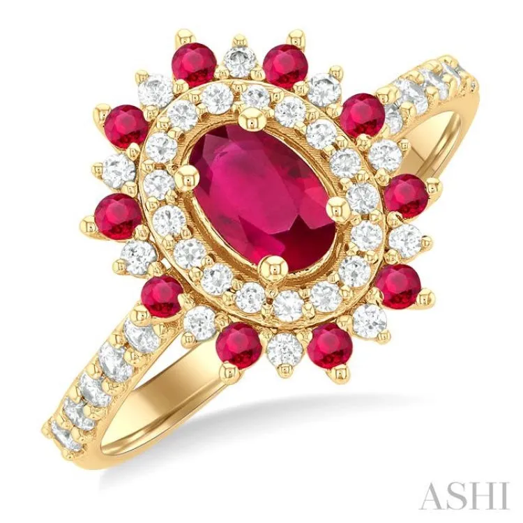 3/8 ctw Floral 6X4MM Oval & 1.5MM Round Cut Ruby and Round Cut Diamond Precious Ring in 14K Yellow Gold