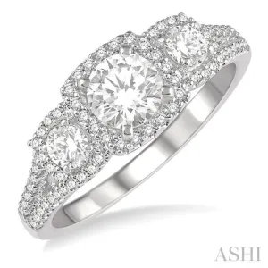 7/8 Ctw Triple Cushion Shape Mount Diamond Engagement Ring in 14K White Gold