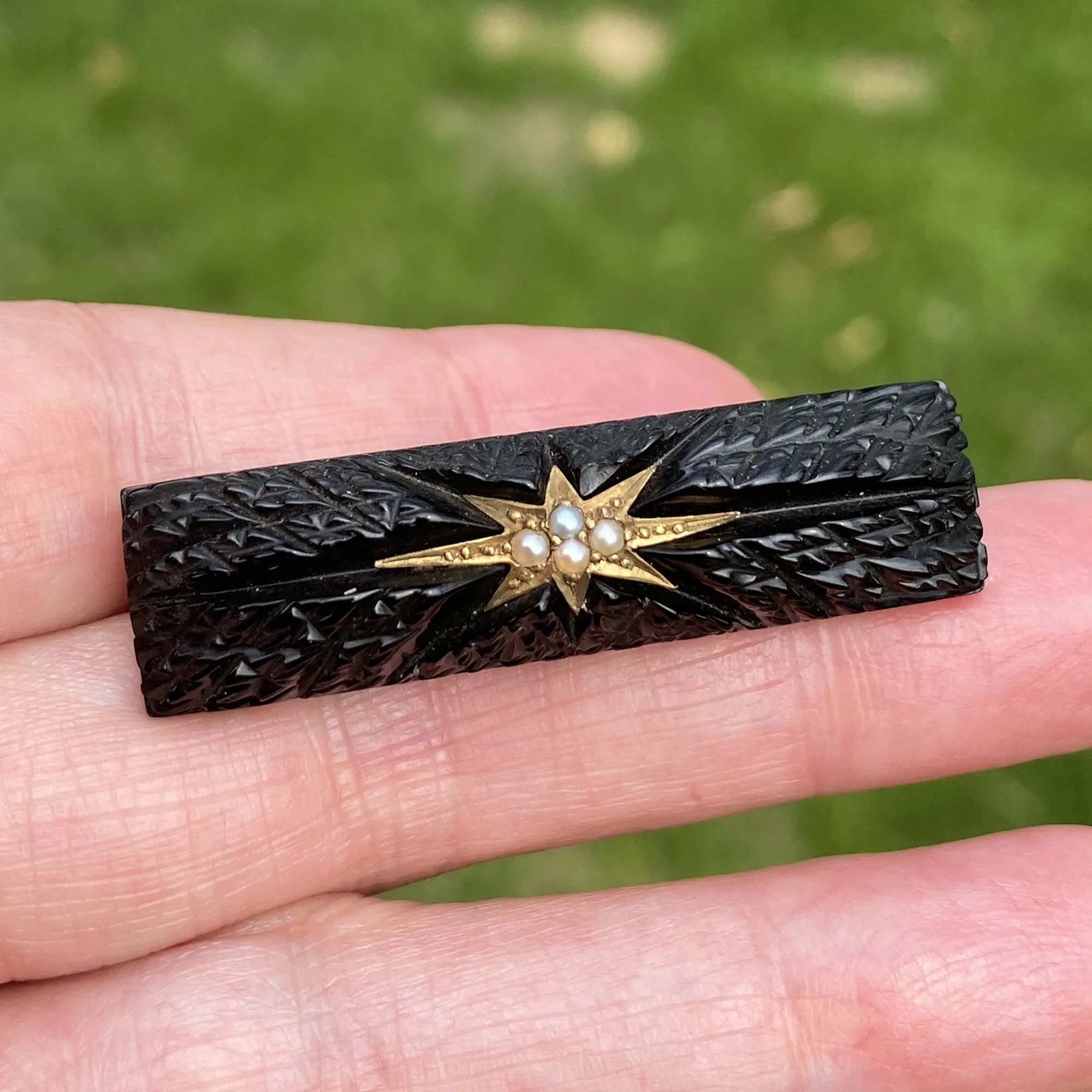 Antique Carved Whitby Jet Pearl Starburst Brooch