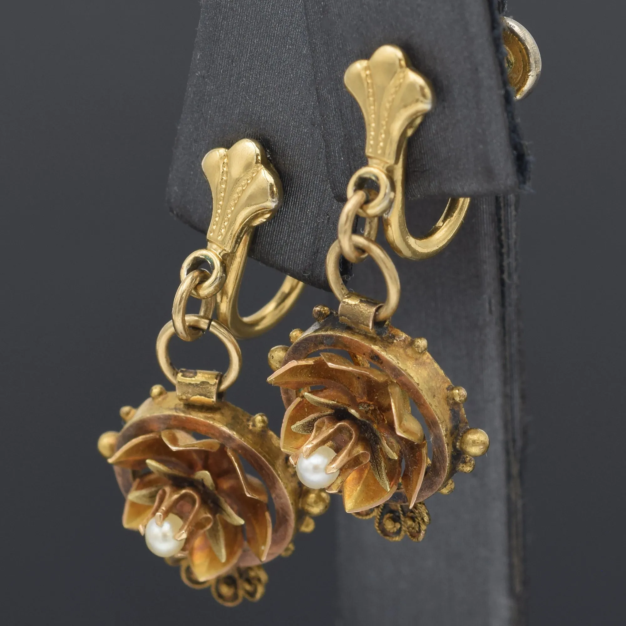 Antique Etruscan 18K Yellow Gold Sea Pearl Floral Screw-Back Dangle Earrings