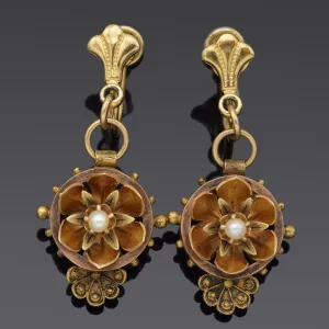 Antique Etruscan 18K Yellow Gold Sea Pearl Floral Screw-Back Dangle Earrings