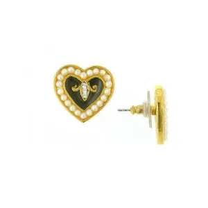 Antiquities Couture Black Enamel With Faux Pearl Crystal Hearts Post Earrings