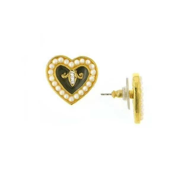 Antiquities Couture Black Enamel With Faux Pearl Crystal Hearts Post Earrings