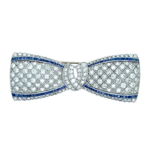 Art Déco platinum diamond and sapphire bow brooch