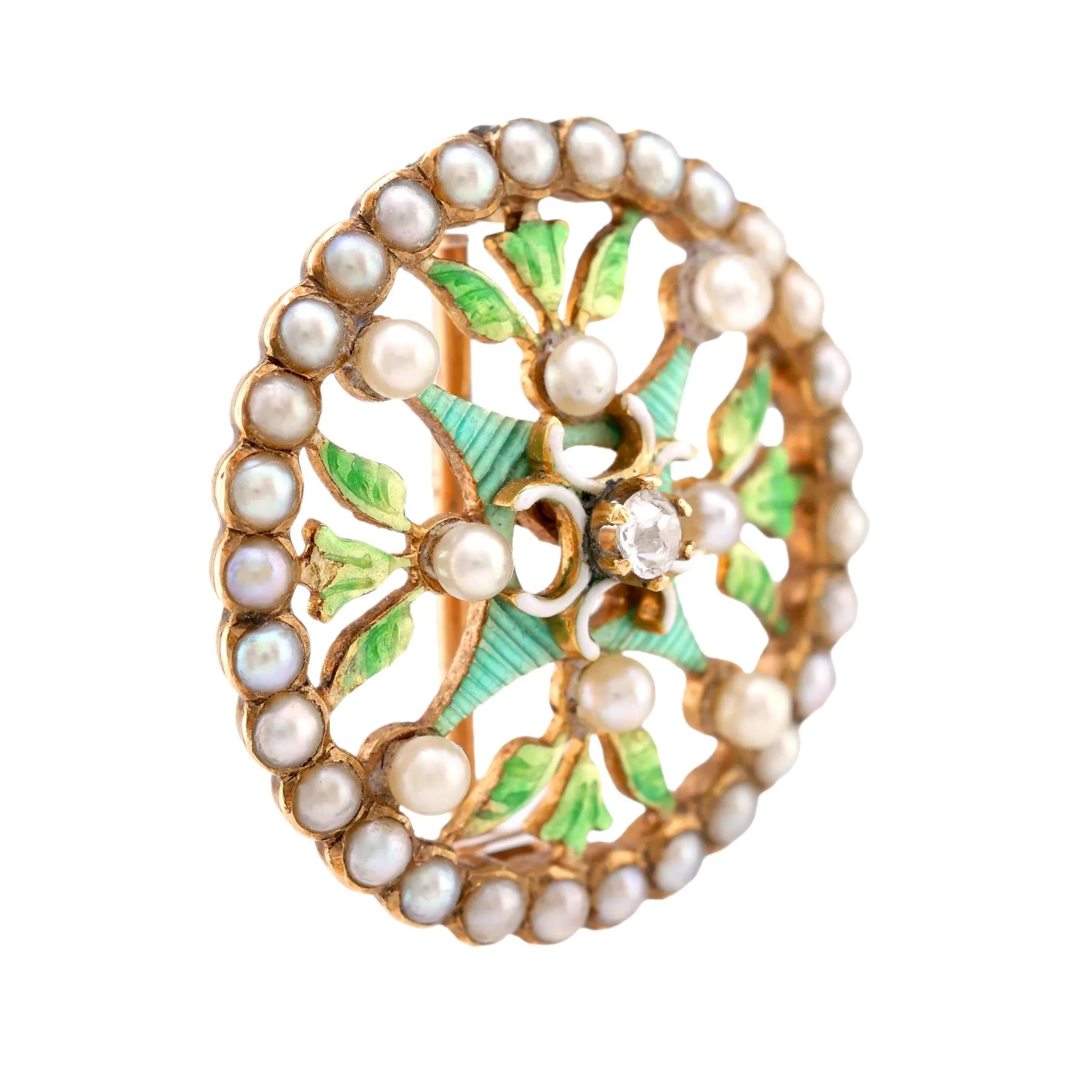 Art Nouveau Pearl Diamond 14K Yellow Gold Enamel Brooch