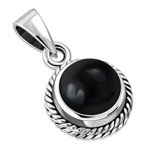 Black Onyx Round Milgrain Edge Silver Pendant