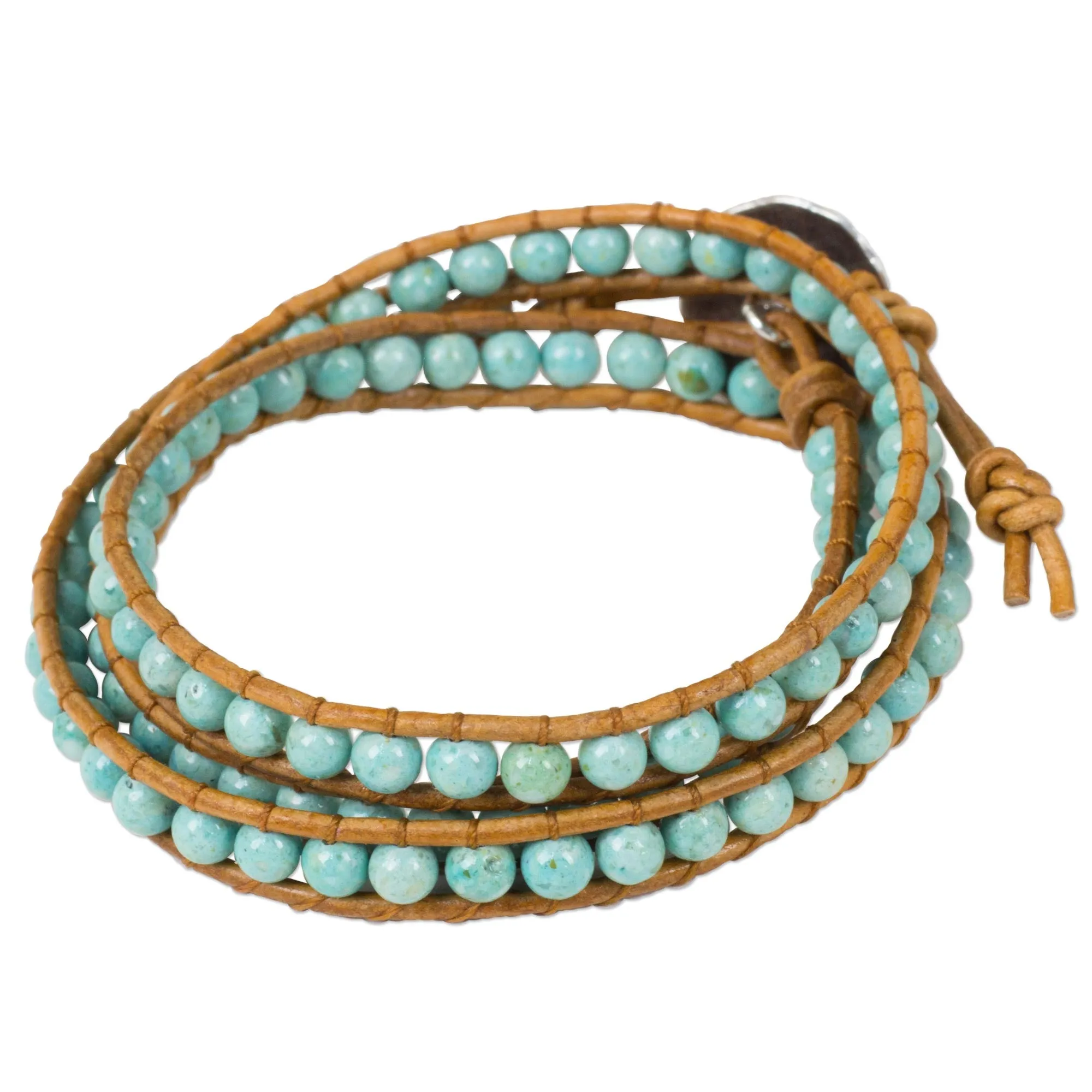 Blue Caramel Serpentine and Leather Wrap Bracelet from Thailand