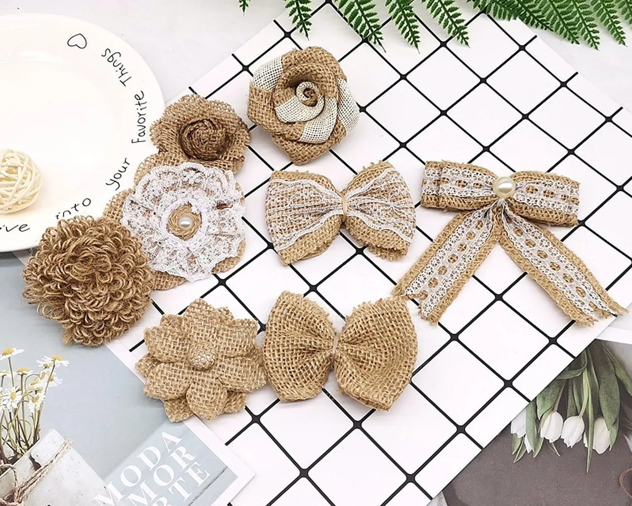 Burlap Flowers 24 Pieces Handmade Rustic Rose Flower Bowknot